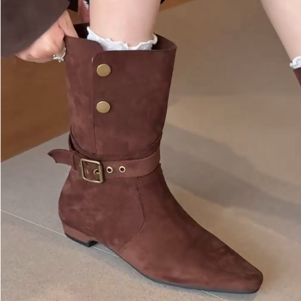 KML-7293-6被夸爆了！复古美拉德咖尖头两穿短靴女2025秋季马丁靴