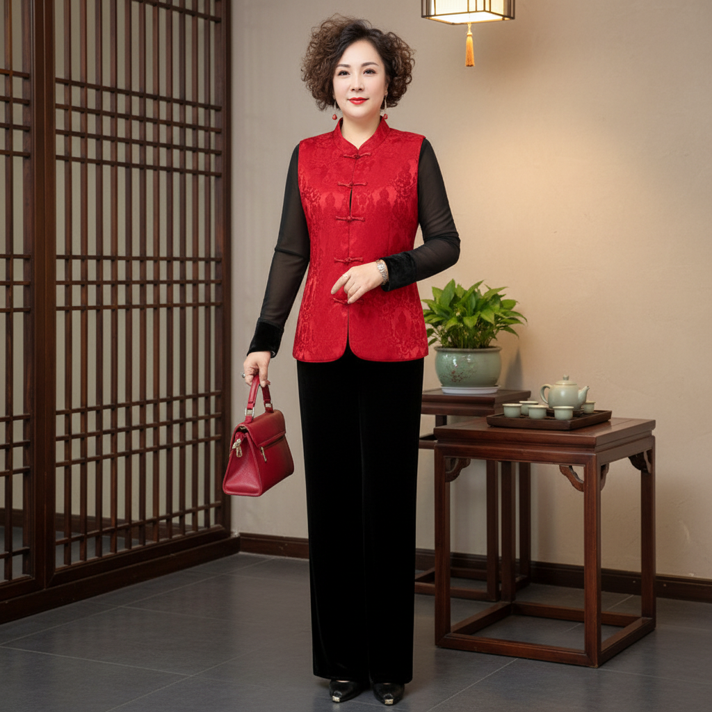 中式提花妈妈2026早春阔感盘扣高级太太新款年货国风马甲气质套装