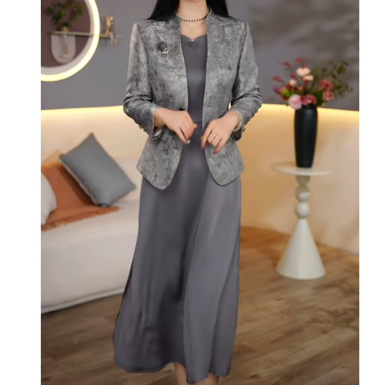 慕诗女装两件套气质显瘦洋气减龄时尚优雅收腰遮肉简约大气中长款