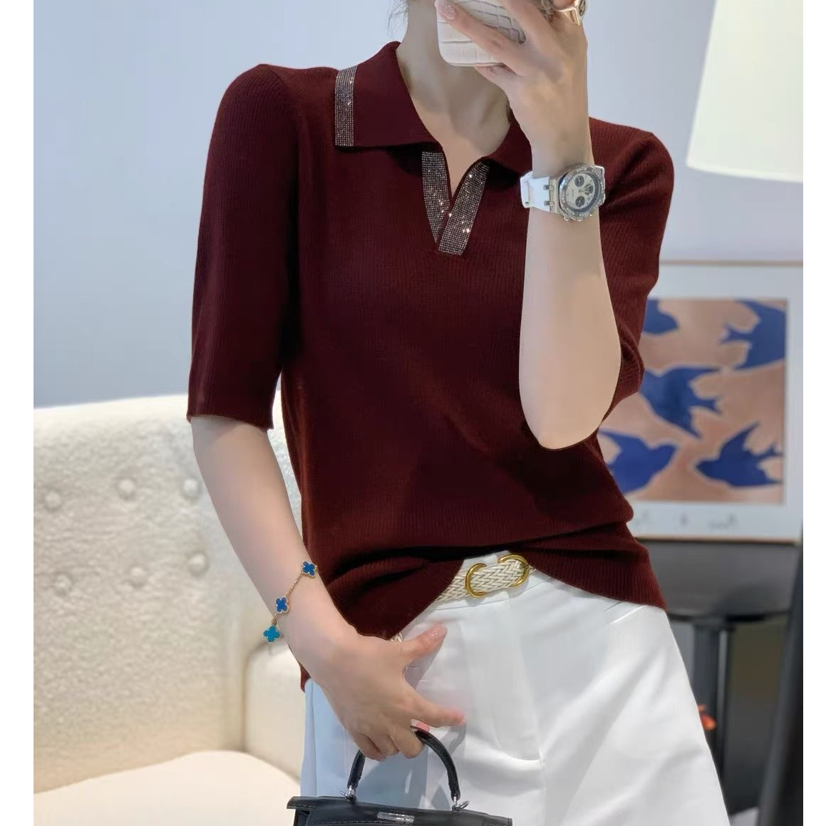 小施家气质翻领工艺闪钻显瘦中袖T恤201