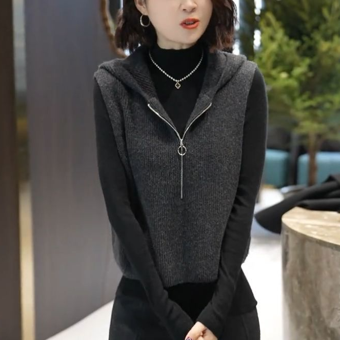 [工厂直销套装]秋冬新款洋气半高领打底衫连帽叠穿无袖马甲背心