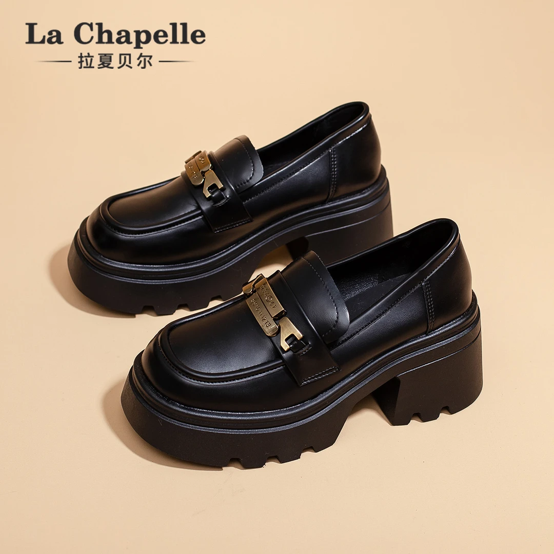 拉夏贝尔厚底乐福鞋女2025冬季休闲百搭小众黑色英伦风增高小个子