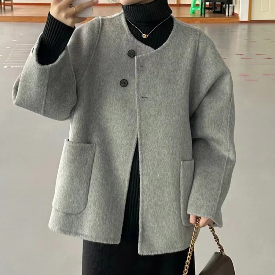 曼德西比利双面羊绒大衣短款秋冬韩版宽松小个子两粒扣羊毛呢外套