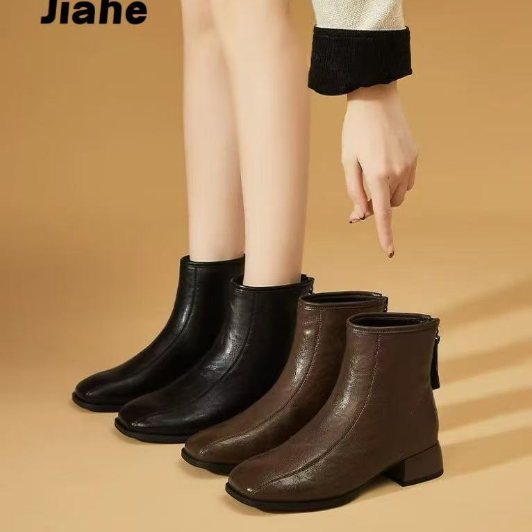 英伦风方头法式短靴女秋冬复古加绒粗跟马丁靴中跟女靴中年女棉鞋