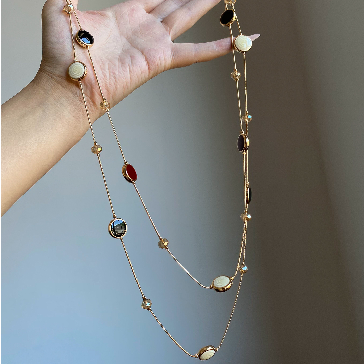 铜合金项链 中古vintage双层虎眼石串珠项链长款毛衣链颈链配饰女