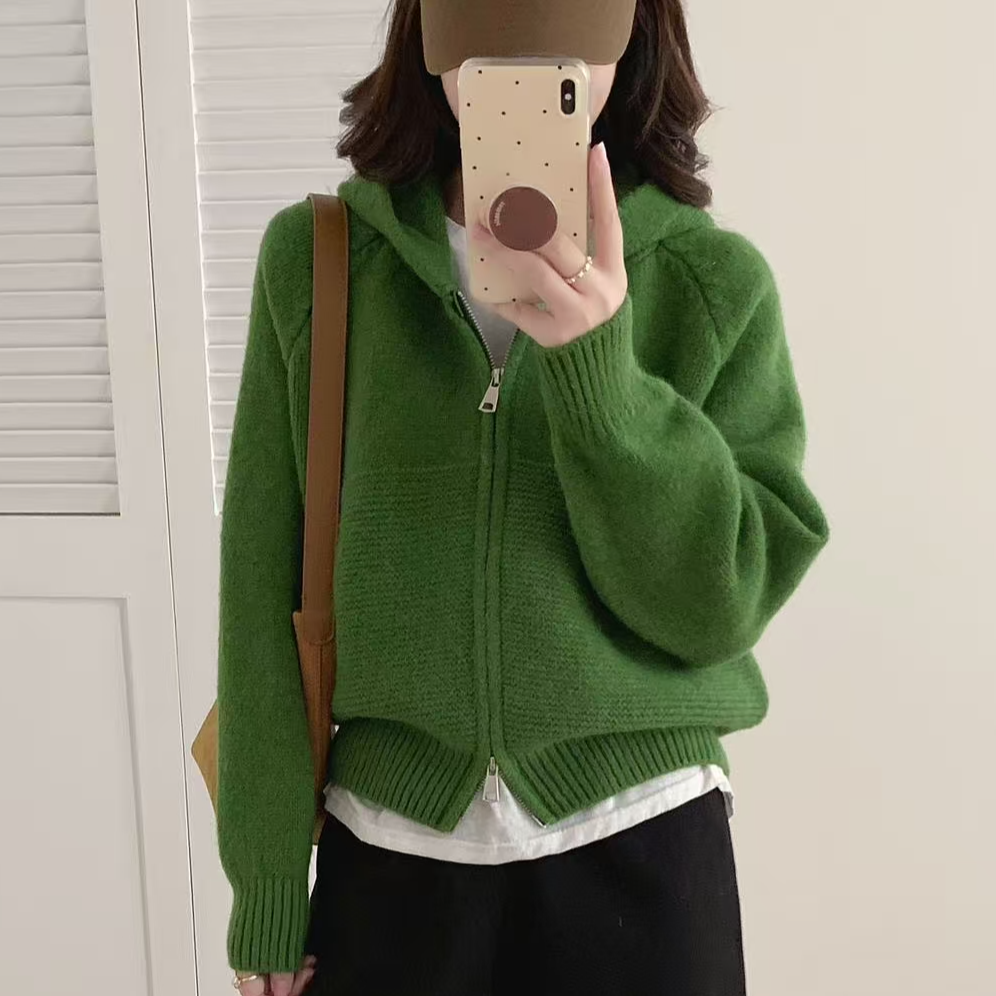 韩系休闲波浪纹双拉链连帽毛衣外套女秋冬宽松显瘦加厚针织开衫潮