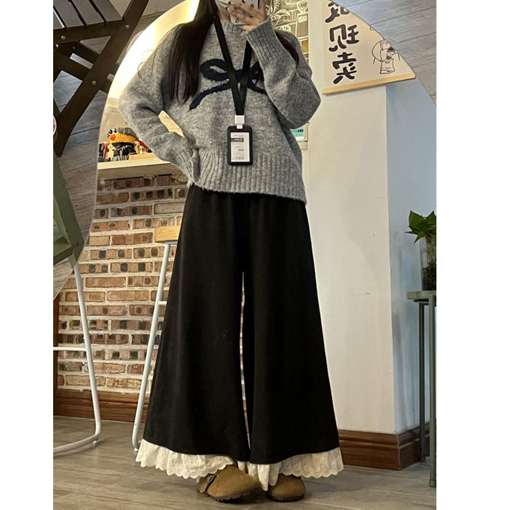 韩系早秋穿搭深灰色蕾丝花边拼接阔腿裤裙大码胖mm慵懒松弛感裙裤