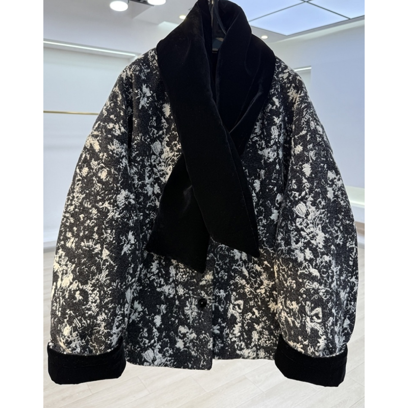 高级感独特别致提花面包服女冬季绝美气质丝绒围巾短外套棉衣棉服