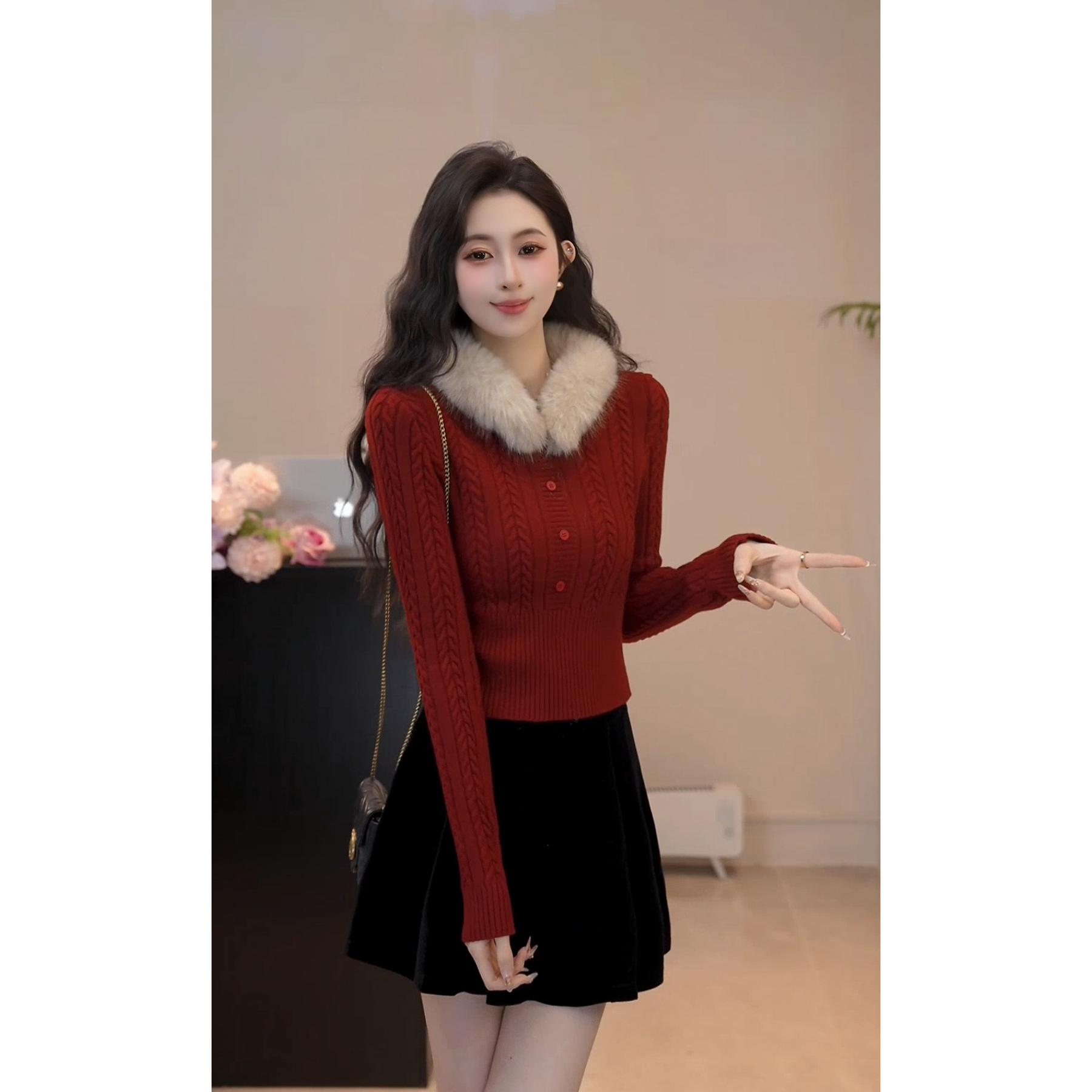 YUANLIANSU/圆脸酥【旧巷开花】法式时髦可拆卸毛绒领绞花针织衫女