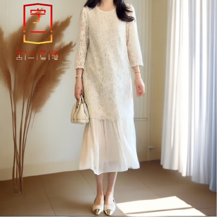 【宁一女装】时尚洋气显瘦轻奢气质镂空蕾丝连衣裙优雅夏春大码宽松
