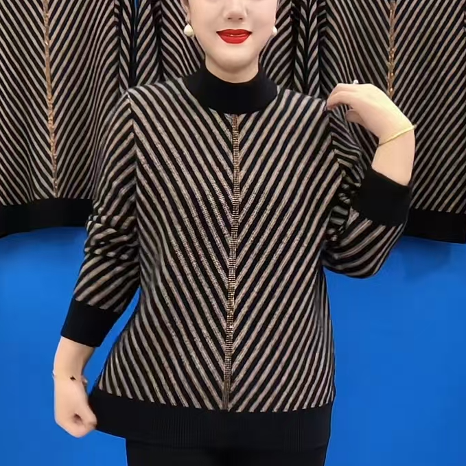 中老年妈妈冬款保暖针织衫2025新款宽松显瘦洋气条纹烫钻打底衫女