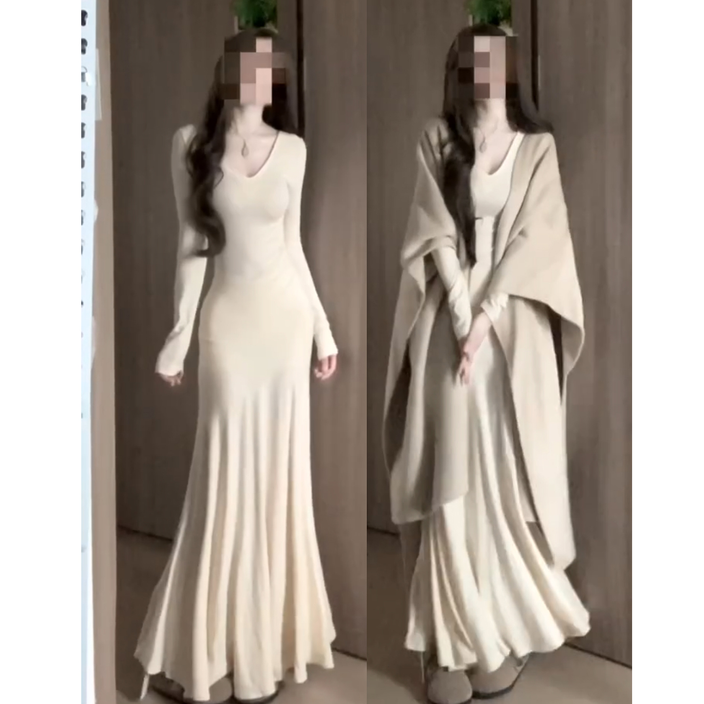 白色步步生莲鱼尾连衣裙长款针织加绒女秋冬季皮草内搭包臀长裙子