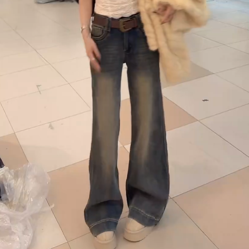 时尚百搭加厚加绒做旧高腰长裤怀旧复古色牛仔裤LK2508160