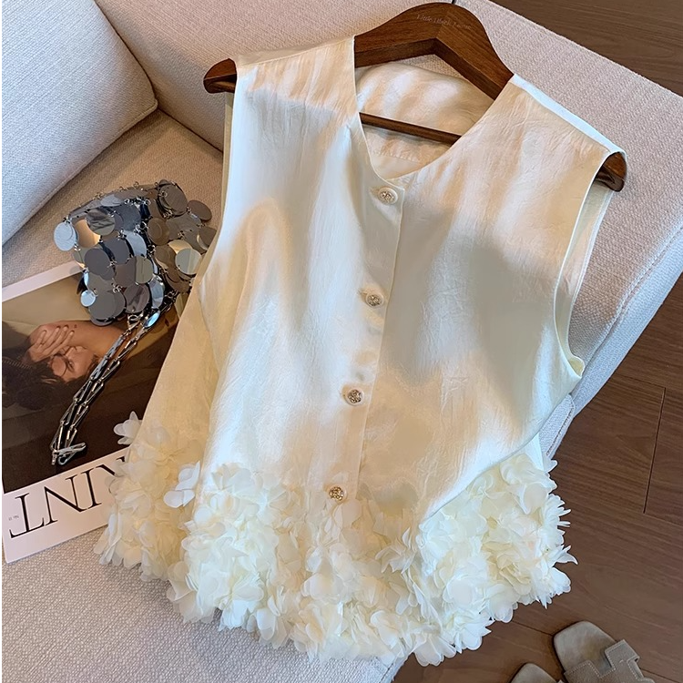 小香风醋酸缎面无袖上衣女夏新款设计感时尚气质下摆立体花瓣马甲