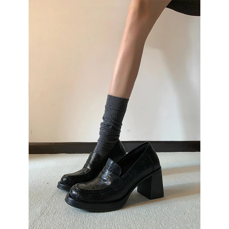 羊皮版~8cm静音粗跟乐福鞋高跟女黑色百搭简约通勤一脚蹬小皮鞋