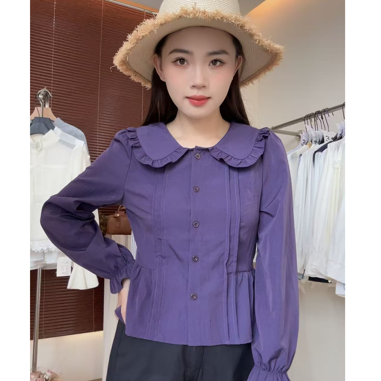 2025秋季新款娃娃领喇叭袖衬衣女宽松甜美减龄气质长袖衬衫