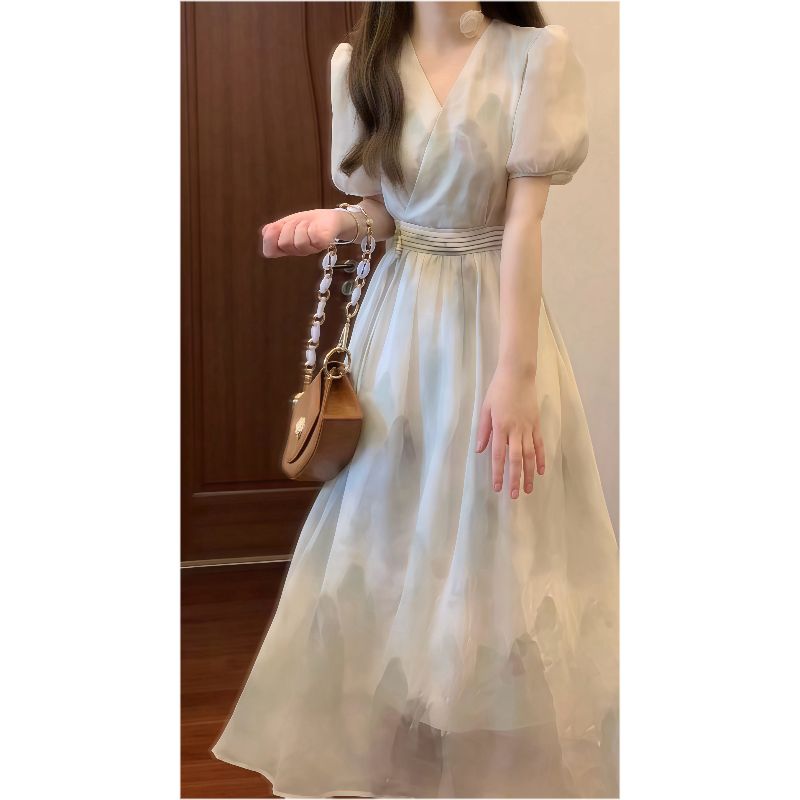 【见青山】新中式国风晕染碎花V领收腰连衣裙收腰显瘦气质长裙9337