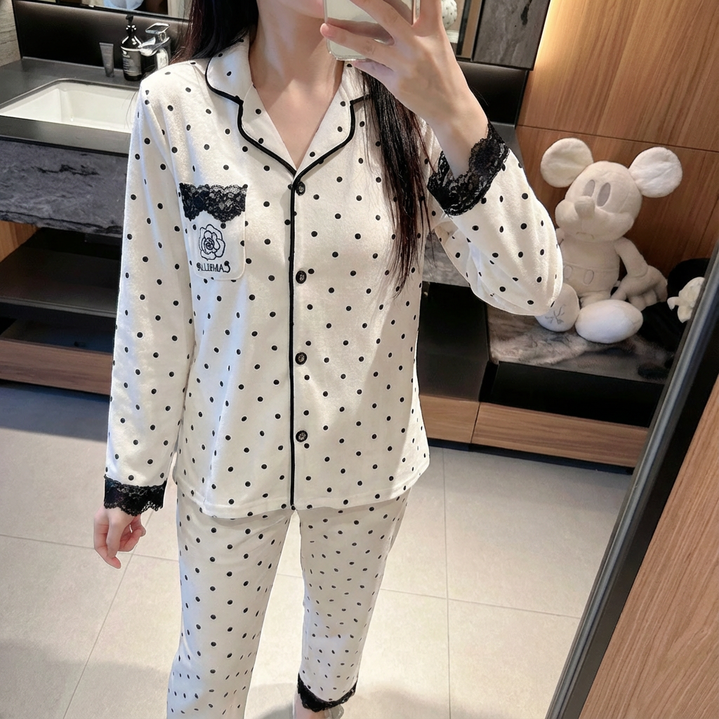 范小懒【海岛绒】秋冬新款波点睡衣保暖加厚加绒长袖长裤套装女F829
