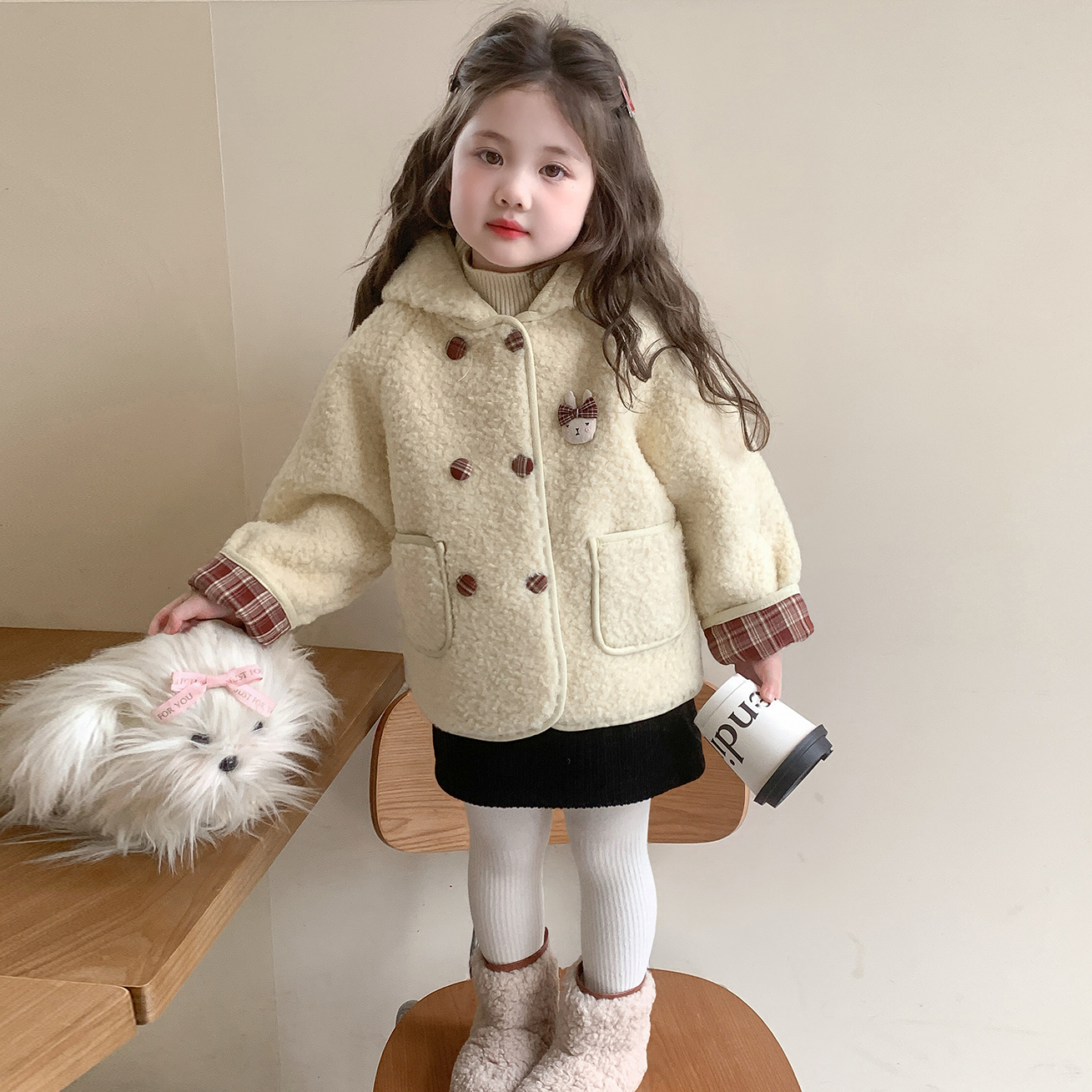 女童秋冬款毛毛衣2025新款儿童连帽加厚外套洋气女宝韩版保暖上衣