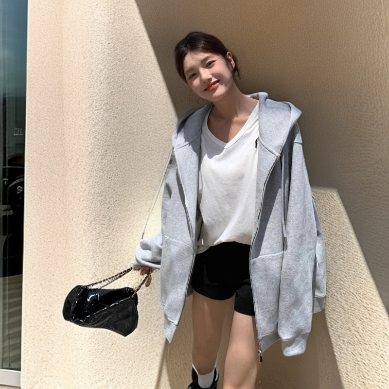 赵露思同款连帽卫衣外套女爆款休闲宽松百搭韩系慵懒风灰色开衫潮
