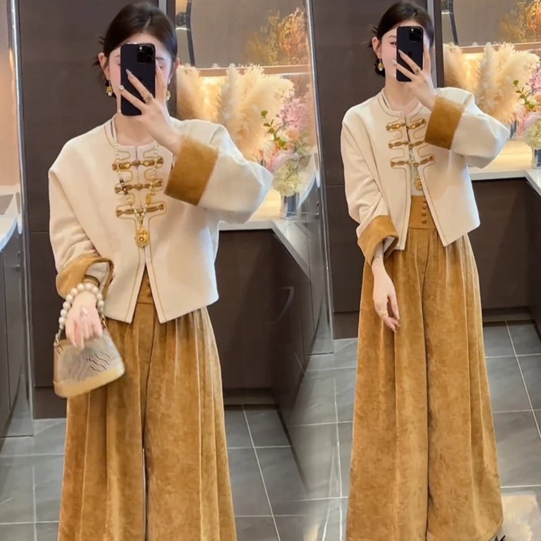 拉夏贝尔新中式国风短外套气质休闲裤两件套女士秋季新款时尚套装