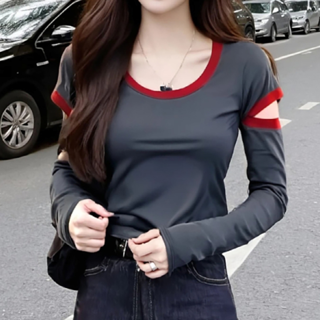 大码2025秋季新款U领镂空割破长袖T恤打底衫胖mm修身遮肚女士上衣