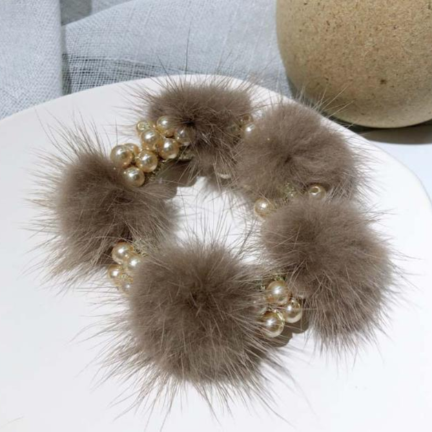 诗泊雅 秋冬简约珍珠水貂毛毛球发绳可爱少女发圈