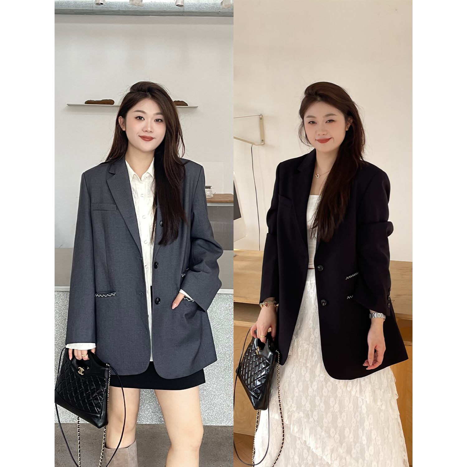 裂渡宣宣【简奢主义】微胖大码女秋气质手工线绣西装外套ZY507A02