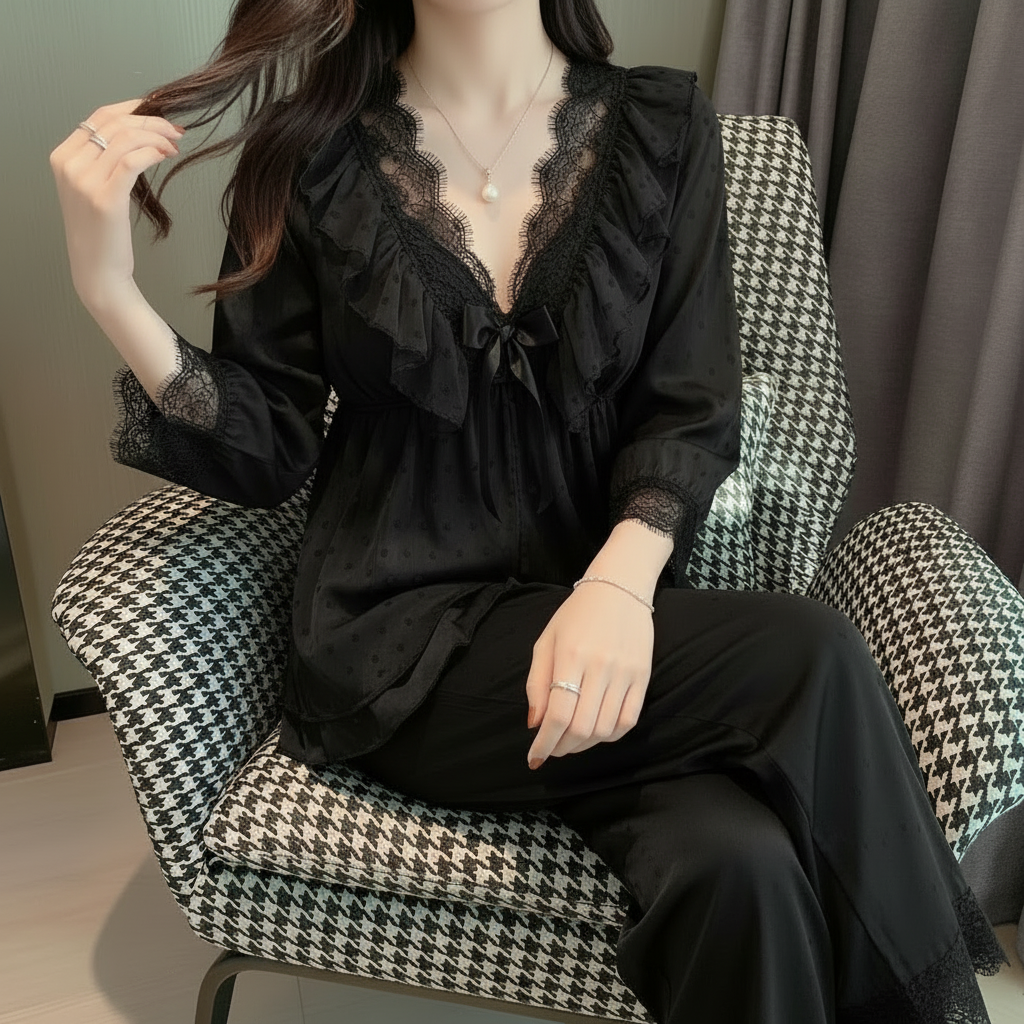 法式宫廷风水光绸睡衣女春秋款黑色拼接蕾丝性感家居服长袖套装