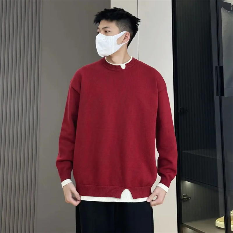 秋冬季高级感简约圆领针织衫男假两件潮流宽松大码百搭红色毛衣潮