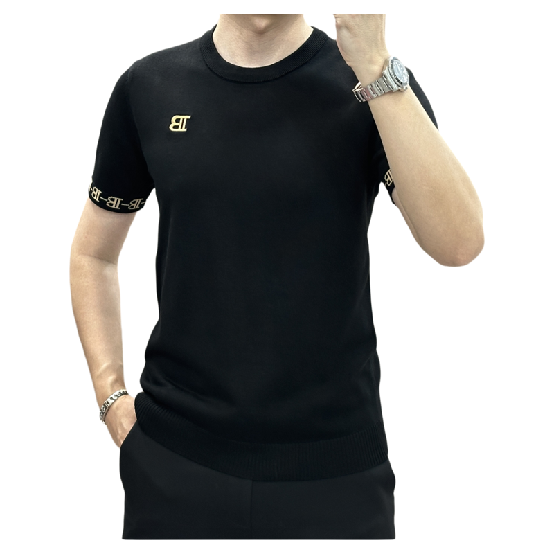 秋季新款时尚百搭男士短袖针织衫毛衣休闲轻奢商务圆领刺绣打底潮