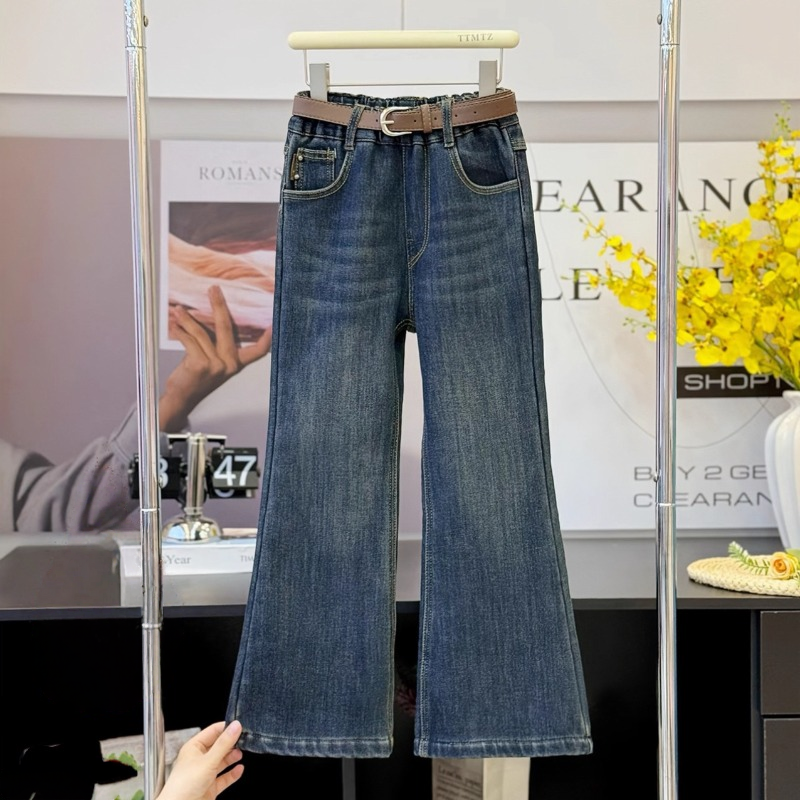 女童加绒喇叭裤秋冬2025新款加厚一体绒高腰牛仔微喇裤显瘦保暖潮