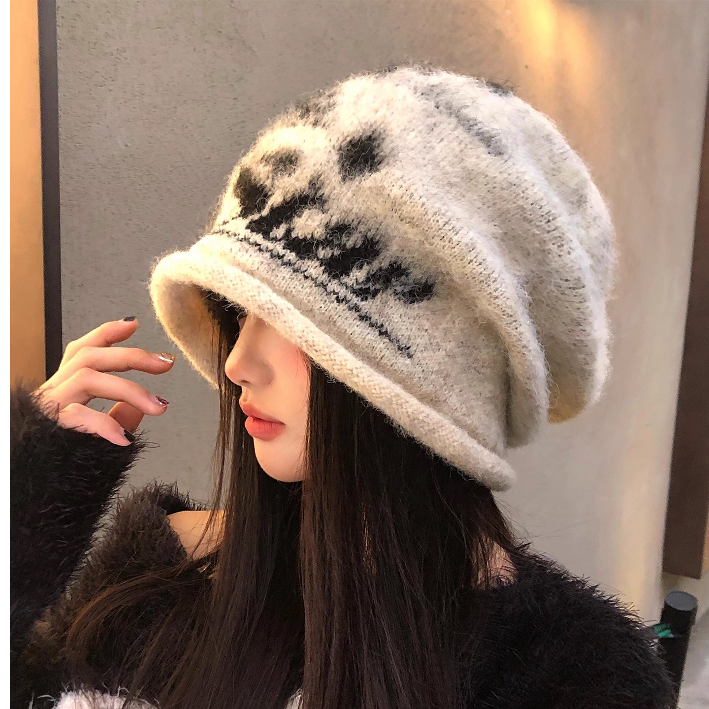 字母卷边针织堆堆帽女秋冬韩版百搭大头围包头帽显脸小保暖冷帽