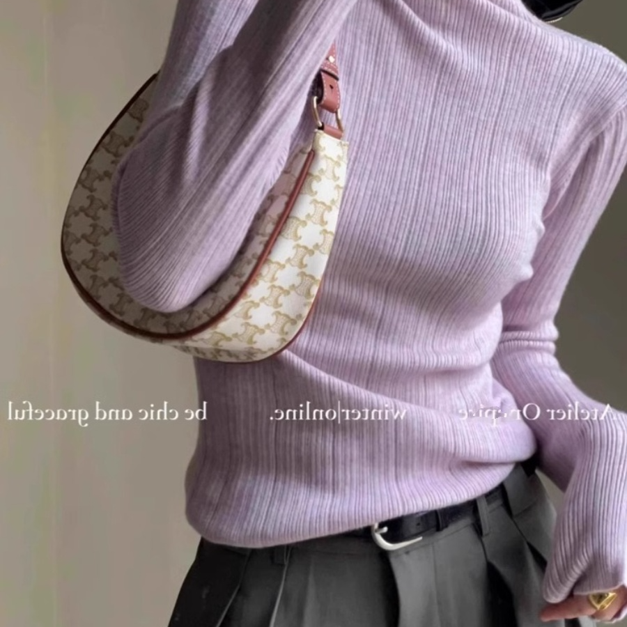 半高领浅紫色上衣2025秋冬季修身设计感针织毛衣女气质百搭打底衫