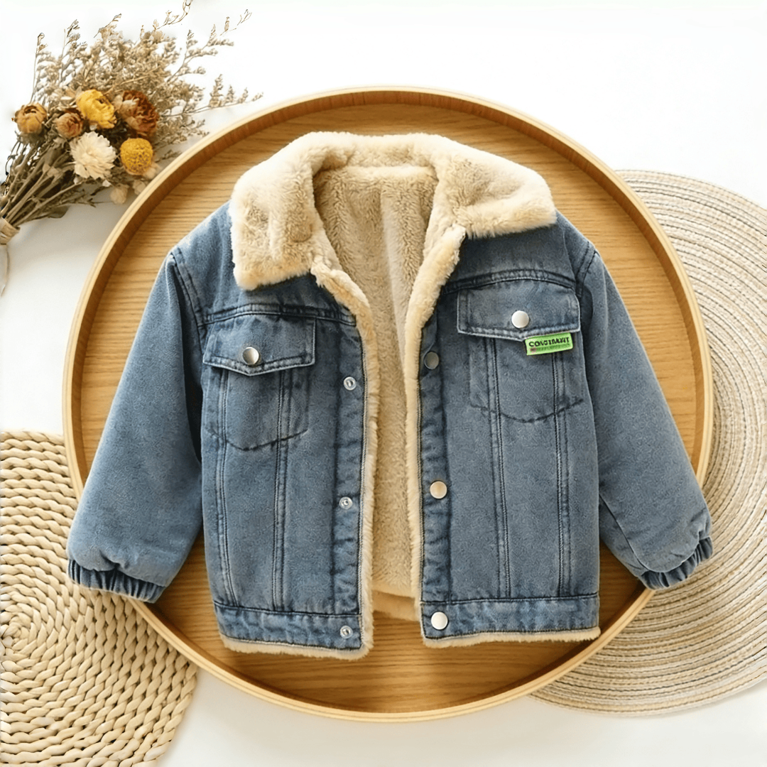 儿童秋冬日常百搭上衣宝宝加绒牛仔外套毛绒领保暖设计潮流装饰标