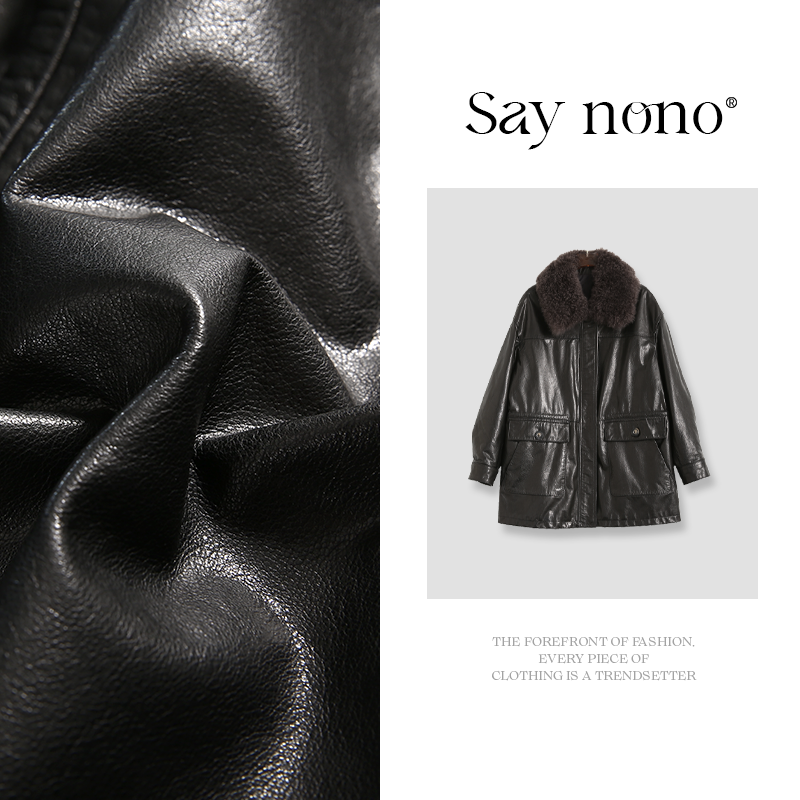 懒猫nono│Saynono 真皮牛皮皮衣带毛领中长款外套/GD9018