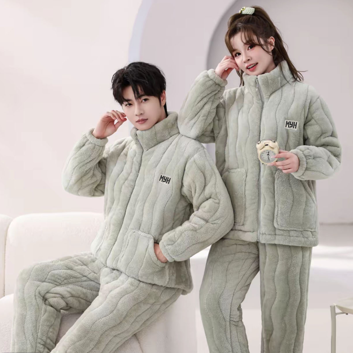 （三层夹棉变态厚）巨厚宽松睡衣整套冬季新款情侣款睡衣加绒保暖服