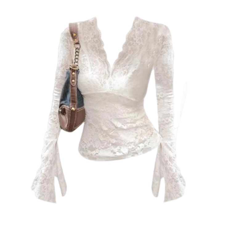 【依里】胖mm纯欲性感镂空长袖蕾丝衫女秋季新款修身显瘦内搭上衣女