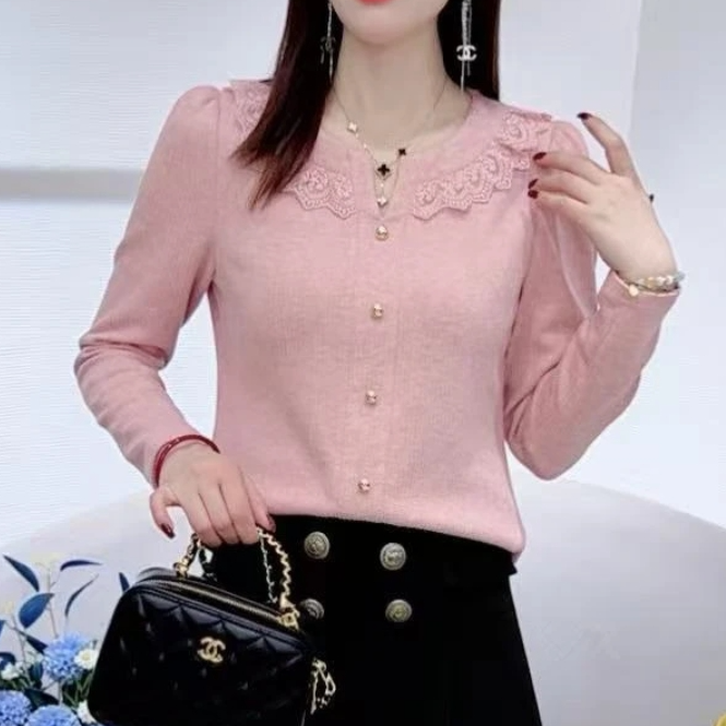 法式减龄花边拼接蕾丝打底衫2025秋季新款长袖显瘦洋气百搭女上衣