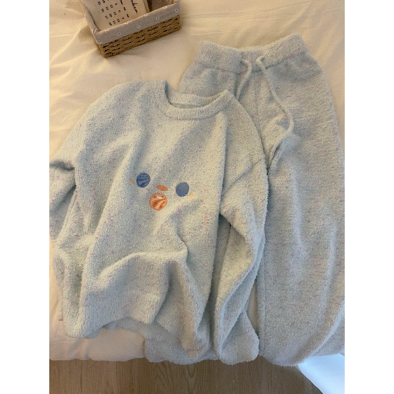 韩版甜美高级毛绒半边绒睡衣女冬季加厚保暖2025年新款家居服套装