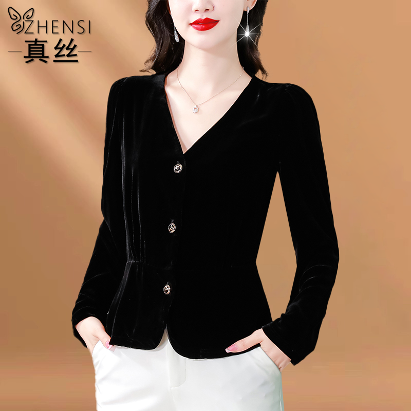 杭州大牌真丝绒衬衫女2025秋冬新款长袖小衫高端金丝绒桑蚕丝上衣