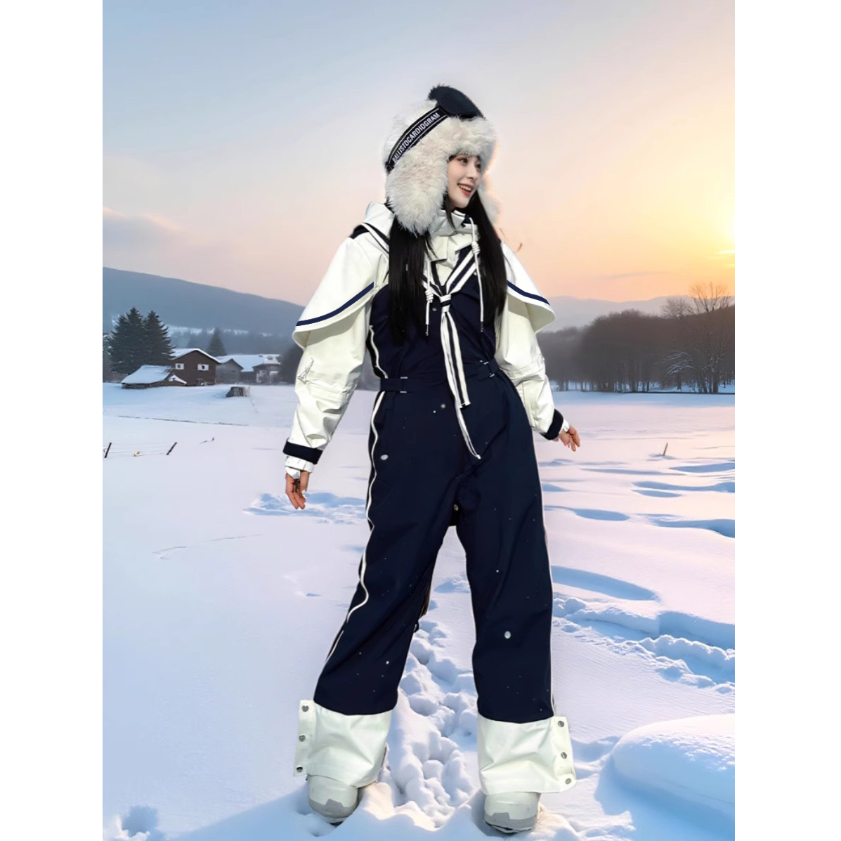 临典蓝色复古海军风滑雪服外套女2025新款户外防风加厚高颜值雪服