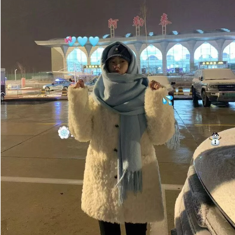 2.0版白熊托卡翻领中长款皮毛一体宽松环保毛毛百搭女外套