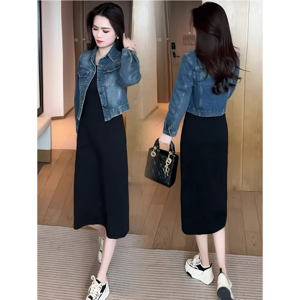 中长款连衣裙套装女2025春秋季新款小香风牛仔短外套t恤裙两件套