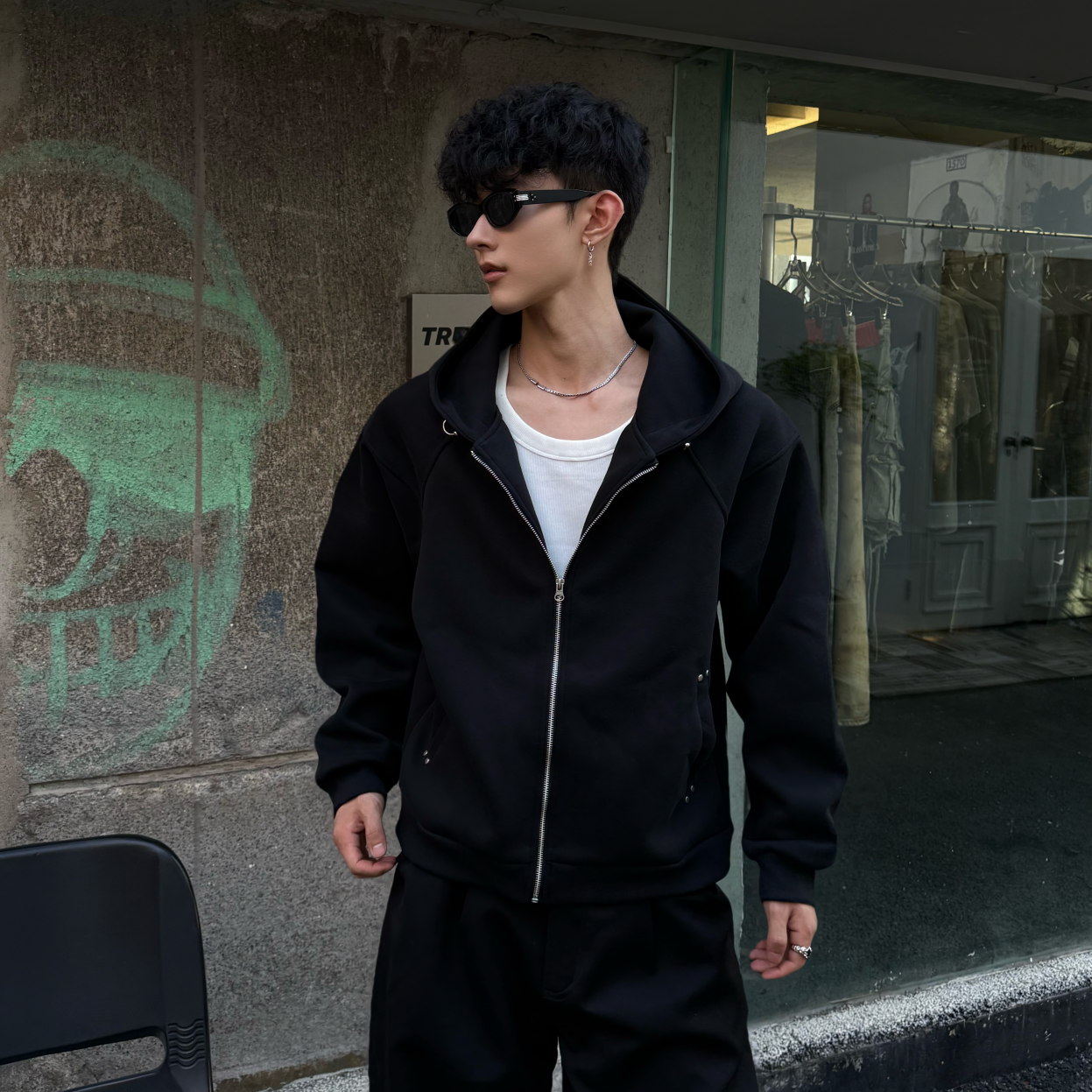 Sialoss新款秋季重磅纯色百搭拼接外套男士日常宽松休闲开衫卫衣