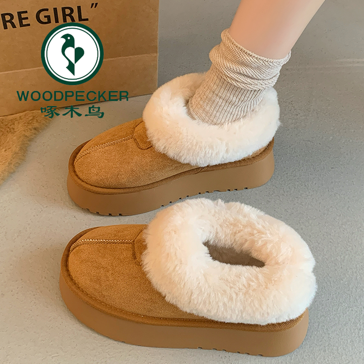 啄木鸟皮毛一体雪地靴女冬季加绒加厚2025新款一脚蹬厚底东北棉鞋