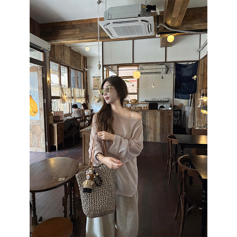 洋气衣服女针织T恤百搭时髦斜肩露肩显瘦上衣高腰休闲宽松阔腿裤