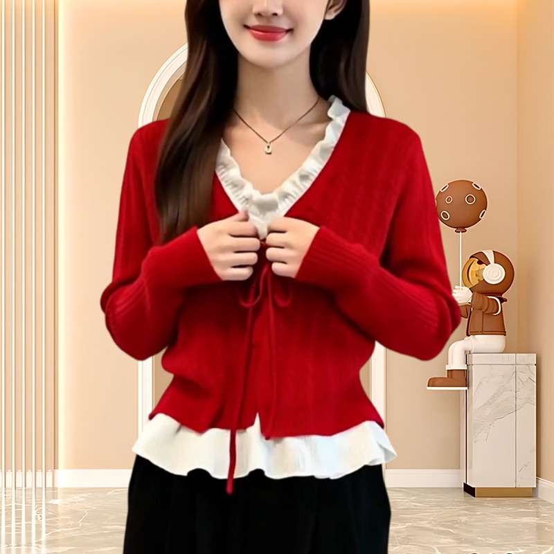 2025秋冬季新款清冷系禅意衣服女v领假两件针织衫显瘦长袖上衣