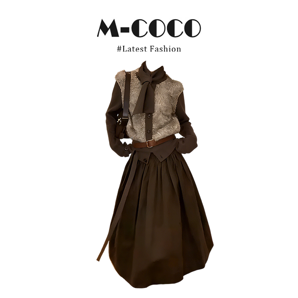 parkyeon秋冬巨好看撞色绒毛针织衫外套上衣高腰A字半身裙套装