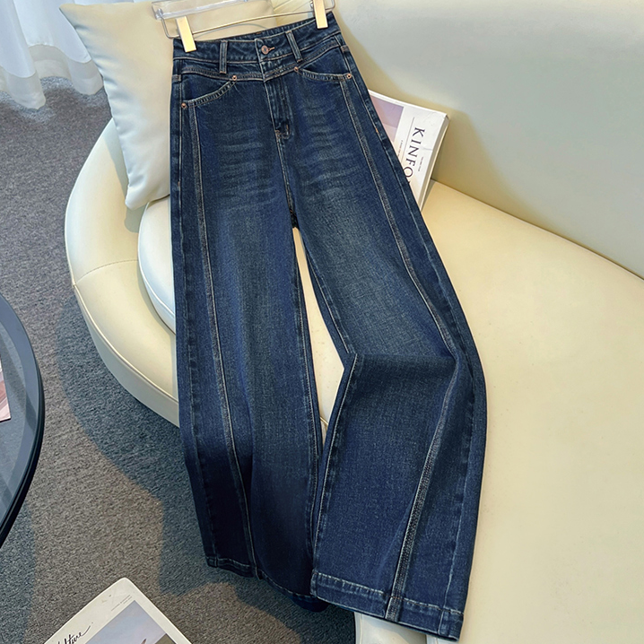 高端丹宁蓝阔腿裤牛仔裤女秋冬季2025超火的九分裤窄版加绒直筒裤